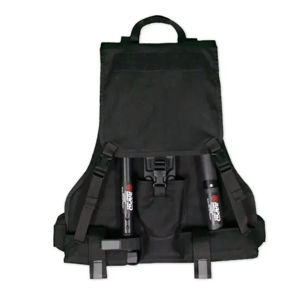 Black tactical vest with shoulder straps and equipped with two collapsible breaching tools kit holders on the front.
