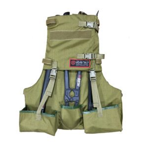 A green backpack with many pockets and straps.