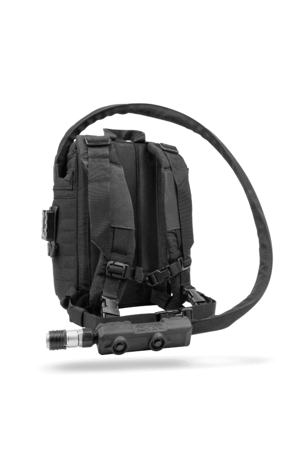 A backpack with a hose attached to it.