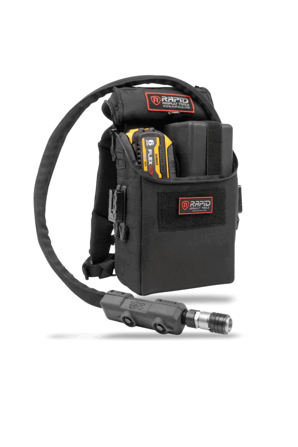 A black backpack with a hose attached to it