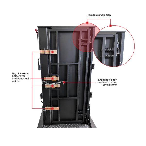 Open black ALL-IN-ONE BREACHING TRAINING DOOR GEN2 with annotations showing features like reusable crush prop, chain hooks, and material holders for lock points.