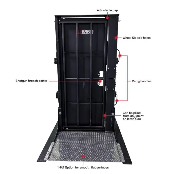 Black security ALL-IN-ONE BREACHING TRAINING DOOR GEN2 with labeled features such as shotgun breach points, wheel kit axle holes, carry handles, and a mat option for smooth surfaces.
