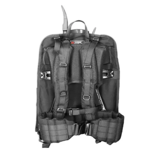 RAMPAK™ PRO with integrated seat harness and various adjustable straps, featuring a black and gray color scheme.