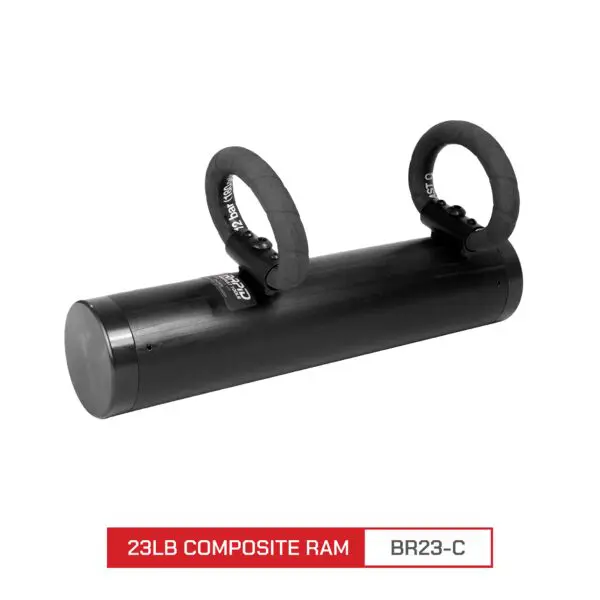 Black RAMPAK™ PRO composite ram, weighing 23 pounds, marked "br23-c", featuring two handles, isolated on a white background.