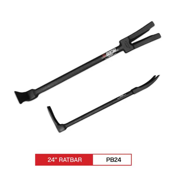 Two black pry bars of different designs isolated on a white background, labeled as "24-inch HALLIGAN RATBAR™ pb24.