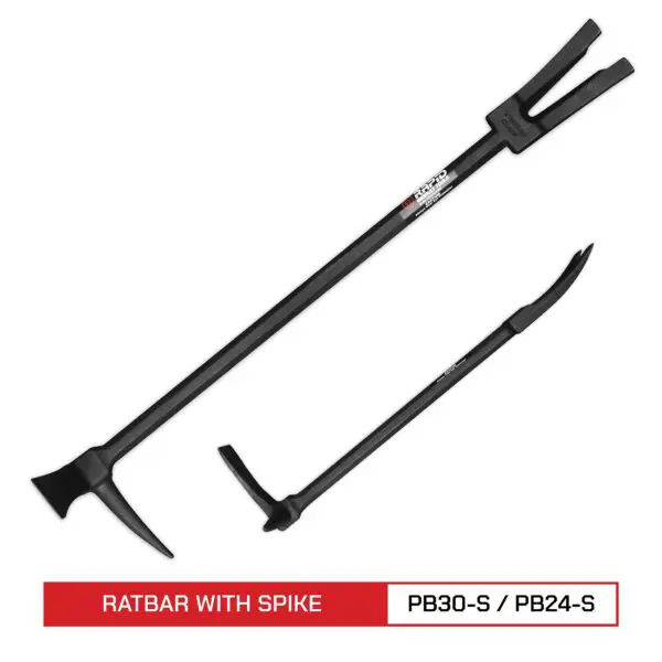 Two black HALLIGAN RATBAR™ tools with spikes, one model labeled pb30-s and the other pb24-s, isolated on a white background.